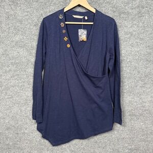Soft Surroundings Medium Blouse Navy Cotton Asymmetrical Hem Beaded‎ Faux Wrap